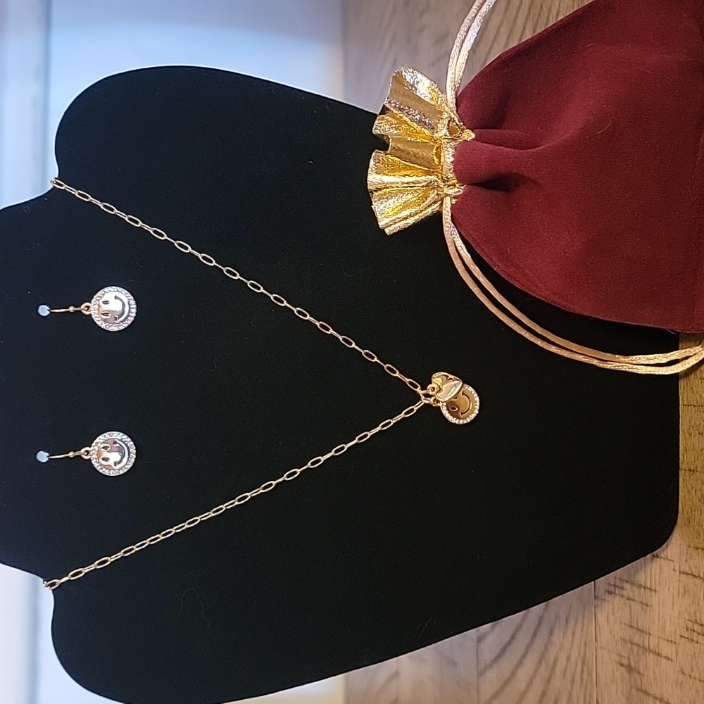 Gold Tone Smiley Face Necklace and Earring Set